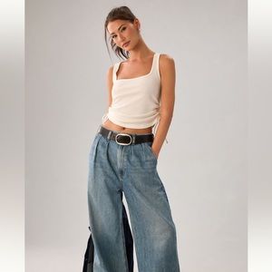 🔥Sale🔥 Anthropologie Square Neck Ribbed Sleeveless Top with Rouched Sides L/XL